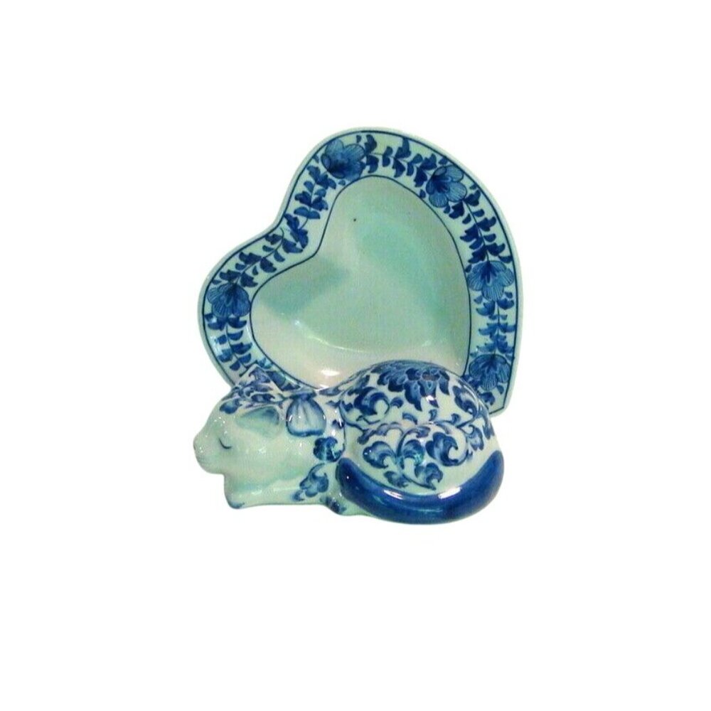 Blue and White Pottery Cat and Heart Shaped Dish - Picture 4 of 5